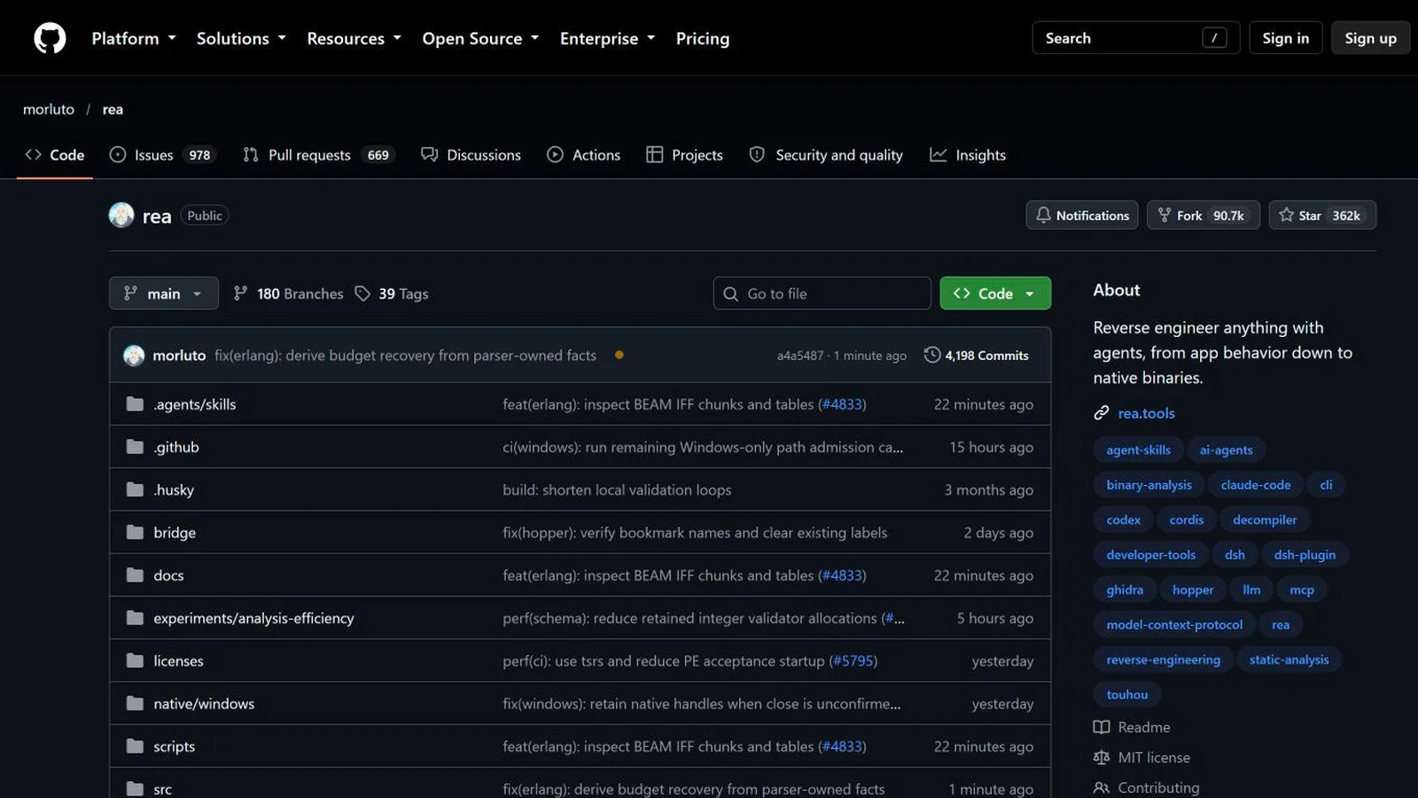 Página do projeto REA no GitHub com 362 mil estrelas